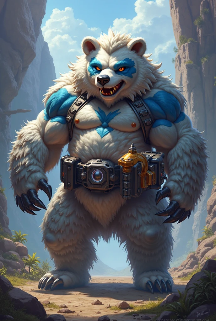 (Volibear/(League of Legends)), ((male,focus on male,bear,blue eyes, black sclera,glowing eyes,eye tattoo,arm tattoo,muscular, muscular male,abs, braided hair,hair accesory, glowing runes,ice spikes,ear ring, earrings)), (pose:1.3), (posing:1.3), (soft shading), 4k, hi res, five fingers, detailed hands, ((detailed face, (detailed eyes:1.3), detailed)), ((focus on full body)),show legs,show feet,(by takahirosi:1.5), solo, looking at viewer, 1boy, snow background with ice, navel, standing, full body, male focus,((topless,bottomless)), abs, biceps, flexing, smile,furry
