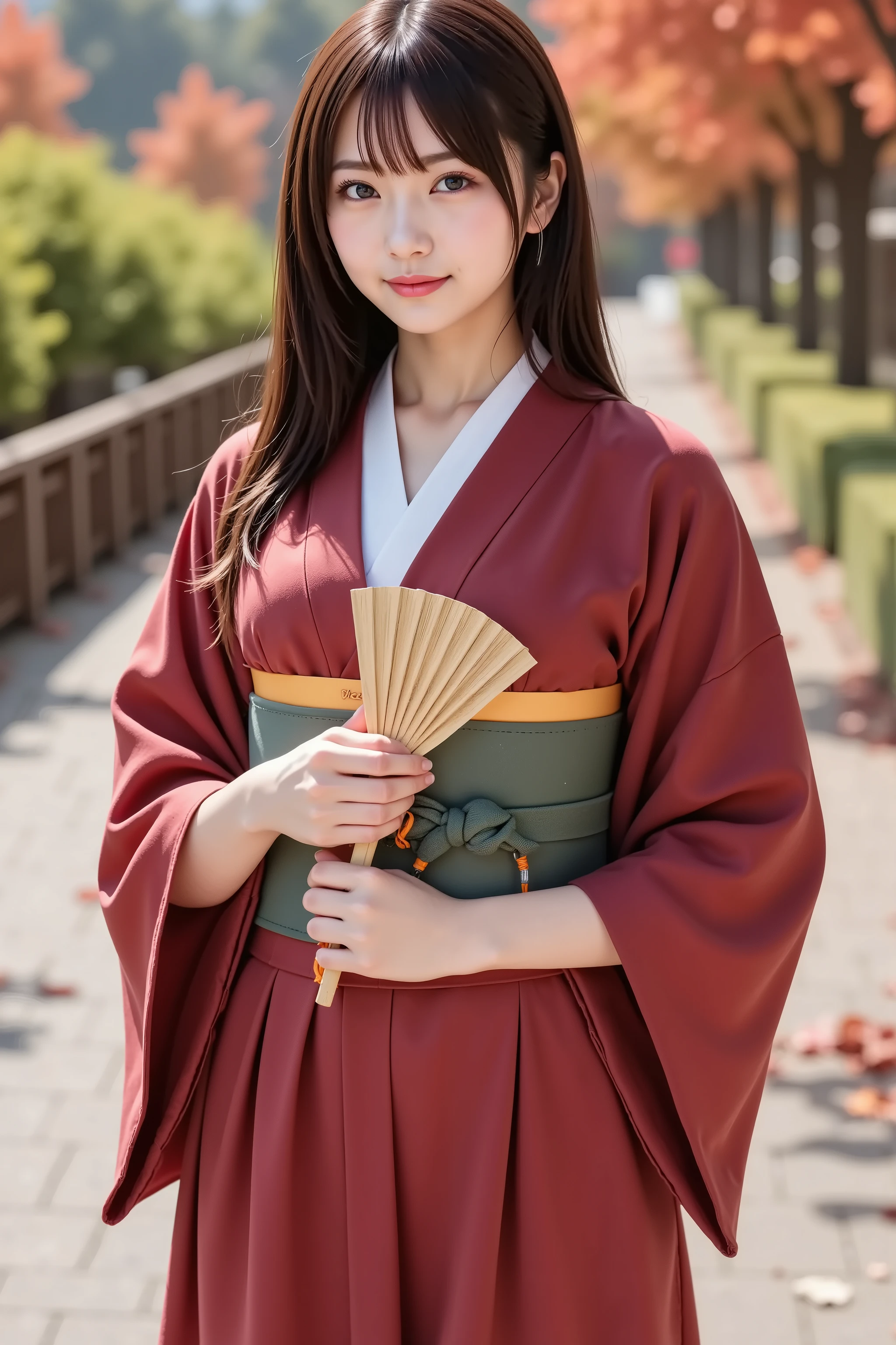 firm breast, by adjusting the framing so the subject's full head is visible within the composition, a highly detailed and realistic digital illustration of a female character in a stylized military-inspired fantasy outfit, A realistic photograph of a young woman shown from just below the shoulders, ensuring her full head is completely within frame. She is wearing a traditional Japanese kimono in deep red with a white inner collar and wide sleeves, featuring visible stitching and authentic fabric texture that reflect realistic folds and subtle shadows. A green obi with decorative knotting and orange cords wraps her waist, cinching the kimono in place with appropriate creasing and layered structure. She is holding a gold folding fan with both hands positioned at chest level, the fan reflecting light naturally. The setting is an outdoor pathway lined with greenery and a traditional wooden handrail on one side. The ground is paved with stone and scattered with fallen red maple leaves. Background trees display vivid autumn foliage in shades of red, orange, and yellow, under soft sunlight that filters through the branches, casting gentle shadows and creating a calm seasonal ambiance. The scene should capture natural environmental lighting and soft contrasts, highlighting the textures of the kimono and the surrounding nature. The camera angle is straight-on, with moderate depth of field to maintain sharp focus on the subject while keeping the background recognizable. No anime or stylized elements; all features, materials, and surroundings should be photorealistic. Ensure the background is clearly visible with identifiable natural details like leaves, shadows, and textures in the environment, while the framing keeps her fully within the image, centered and portrayed in a balanced, realistic composition.