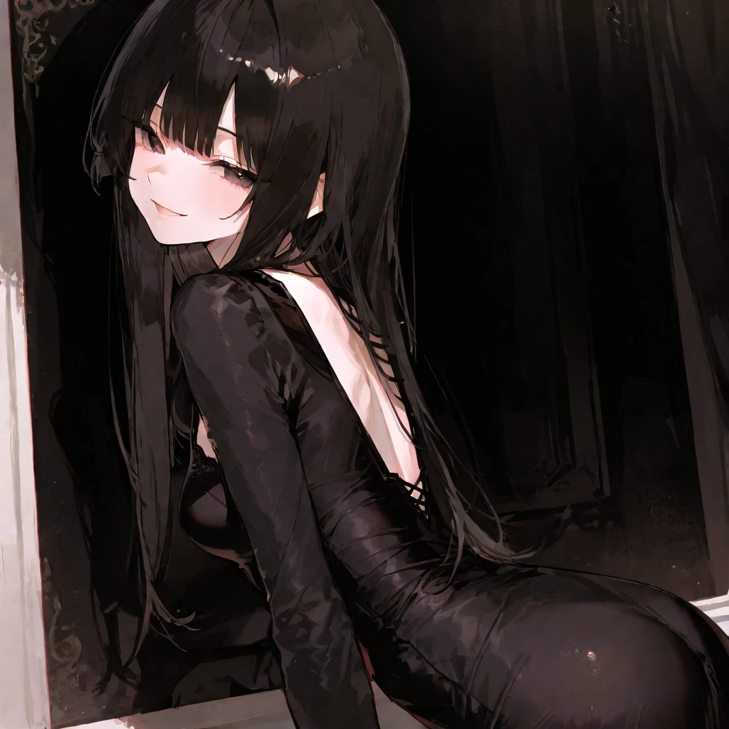 Best quality, tmasterpiece, brunette color hair, blueneyes, head looking up, full bodyesbian,Long black sheer dress,red bra,