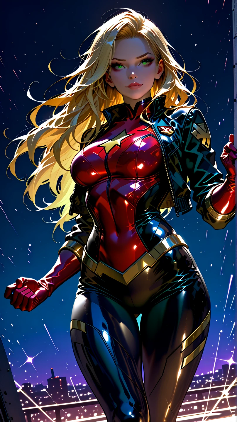 masterpiece, best quality, 1girl, superhero, leotard, black leotard, bare legs, boots, matching boots, medium breasts, light particles, wind particles, aura, stand, standing, highleg, twirl, spin, tornado, tornado twirl, tornado spin, whirlwind, wind particles, blonde hair, city backdrop, time travel,