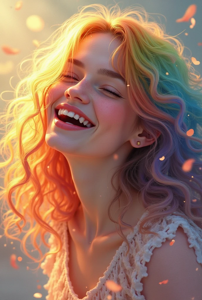 Woman spinning happily in the rainy paint, Paint Rain, Thick paint rainbow hair, Paint-covered body, enjoyable, ((BAPV)), calm expression, relaxed, gentle smiling, (Clothes made of liquid paint)), Front view, ((Small breasts, Relaxed face, Comfortable shoulders)), ((Dynamic Pose)), Liquid Details, correct anatomy, You can see both arms.