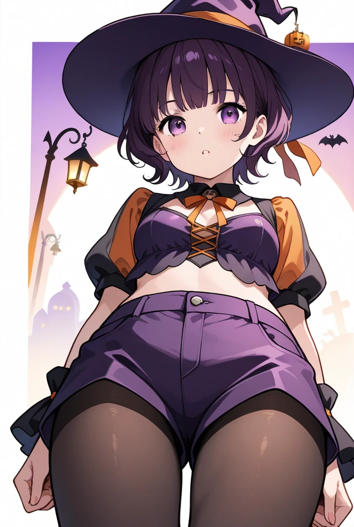 1 woman, skirts, (show off g-string detailed pantie), (hands skirt lift), from front, cowboy shot, BREAK annoyed,shoot from below,witch,witch har