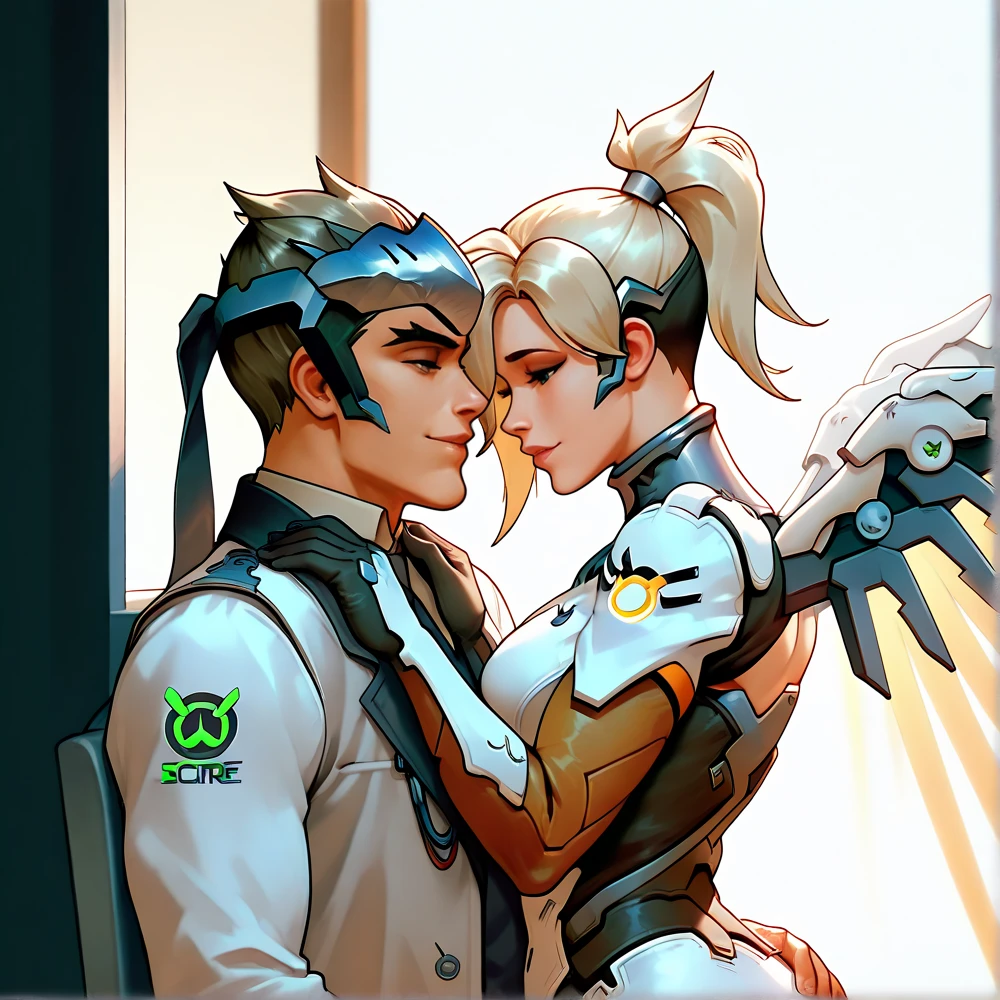 Expressiveh, score_9, score_8_up, score_7_up, score_6_up, score_5_up, score_4_up, godrays, 2girls, mercy from overwatch, pharah from overwatch, double blowjob, licking cock, cum, looking at viewer, hotel bedroom, neon, pov