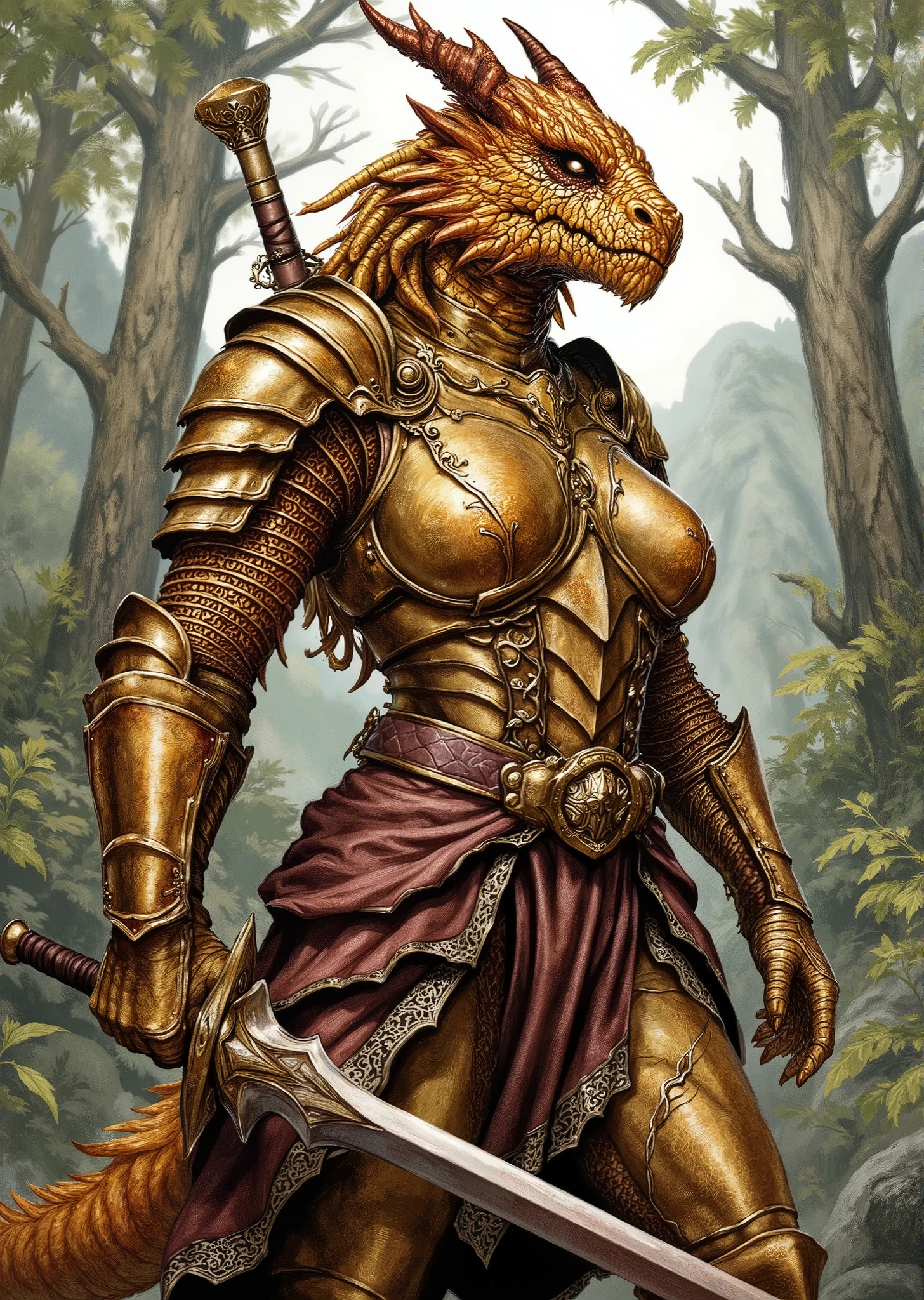 An extremely detailed comic book illustration of an extremely curvaceous Metallic Gold Dragonborn from Dungeons and Dragons which look like wingless bipedal dragons scaly bright-eyed and thick-boned with horns on their heads with a gold coloration trained as a Dungeons and Dragons Paladin who has sworn the Oath of Ancients whose source of power turns a devout warrior into a blessed champion mastering a variety of weapons and armor secondary only to their magical power they wield the power to heal the injured smite the evil and protect the helpless living their lives on the front line against the cosmic struggle against annihilation swearing always to cherish the light and love the beautiful and life giving things of the world adorned with a suit of light armor that hugs her massive breasts and combines metallic and natural elements featuring a shimmering leaf-patterned design crafted to resemble the textures of bark and foliage suggesting a harmonious relationship with nature with a decorative headpiece that incorporates antler-like extensions and leaves a fitted breastplate complemented by an overlay of rich fabric that drapes elegantly over the shoulders adorned with intricate embroidery that mimics vines and flowers adding to the outfit's organic aesthetic her arms are protected by gauntlets that match the armor’s theme with leaf-like motifs while a wide ornate belt cinches her waist featuring pouches detailed with engravings that reflect the natural motifs of the outfit with fitted trousers that are practical for movement in an art style inspired by Frank Miller and Conan the Barbarian. The Background is awash in textured brushstrokes of natural forest shades. Standing in a dynamic action pose. Trending on Art Station.