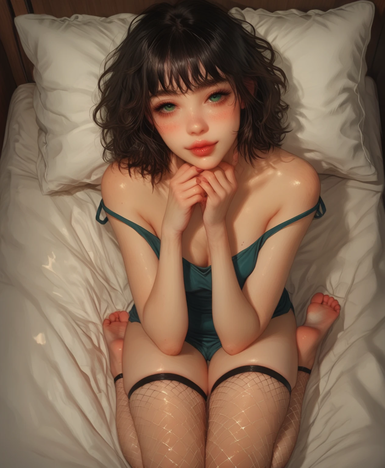 (masterpiece, best quality), 1girl, erotic, small breasts, intricate details, black choker, sharp focus, bed, lying crossed legs, naked, nude, seductive, light plump, black legwear, <lora:add_detail:1>