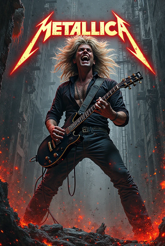 Thrash metal album cover inspired by the song "Hit the Lights" From the Heavy Metal group (metallica), debe tener el título de metallica en la parte superior de la imagen.