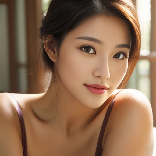 Create a (( mid-shot )) photorealistic image of a beautiful Asian woman with fair, smooth, flawless skin. She has large, round, sparkling eyes with naturally long and curled eyelashes, and well-defined, dark eyebrows. Her nose is straight and high, and her naturally pink, soft lips form a gentle smile. She has short, slightly curled brown hair that highlights her delicate facial features. Her face is oval-shaped, with a wide and high forehead, moderately high cheekbones, and a pointed, slender chin. (( waist to top)) ((,She is wearing a soft pink sweater relaxed neckline that casually ((drapes off one shoulder)), exposing slender shoulders with black bra trap, highlighted by the rays of light creating a radiant effect on her skin. , mid-shot , light rays, warm atmosphere ,))
