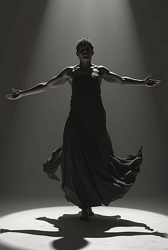 create a realistic marvel and disney style drawing of a shirtless man, dress with a ballerina skirt. he muscular, black tulle skirt, without background made on light beige paper, with shadows and pencil contour line. work of art, moderno, him with his arms raised looking forward with piercing gaze and sexy smile