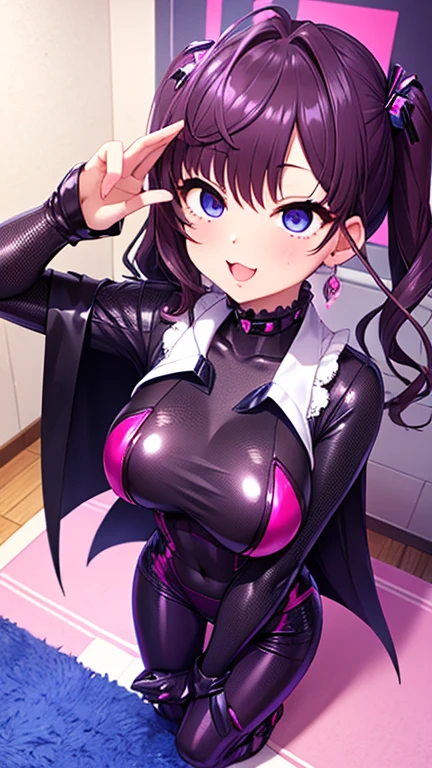 masterpiece, best quality, 1girl,black drill hair,glowing eyes, (finely detailed empty pupils and detailed face),,bust shot,lovestruck,extremely detailed picture unity 8k wallpaper,solo,(latex military costume:0.9),glamour body,seductive smile,military hat,latex thighhigh,large breasts,black hair,pink eyes,black leotard,pantyhose,military coat,enamel suits