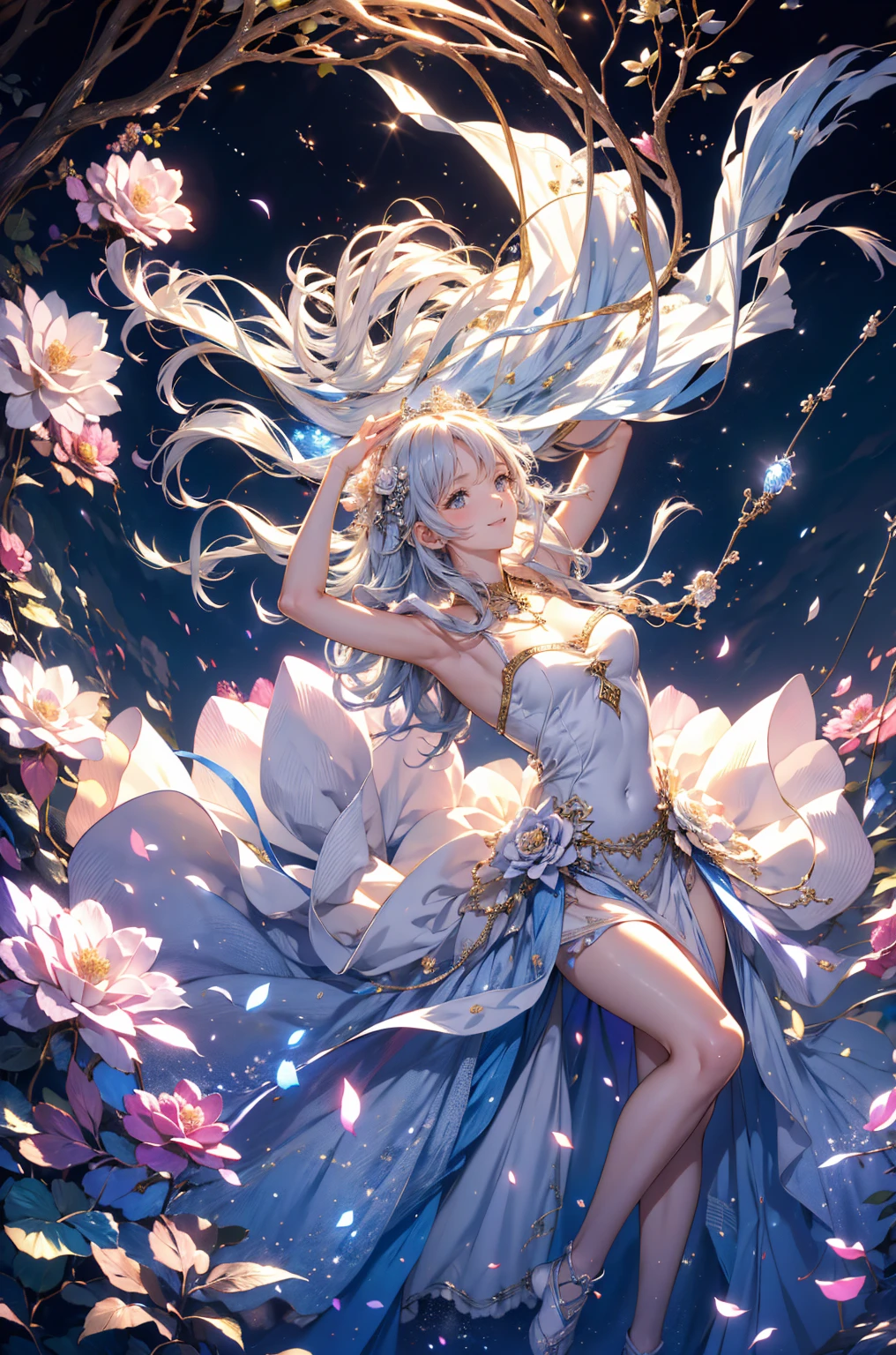Soft lighting, Dreamy atmosphere, Exquisite aesthetics, fantasy theme, Natural elements, Floral Background, Subtle details, Flowing Hair, Whimsical poses, Vibrant colors, Petals falling