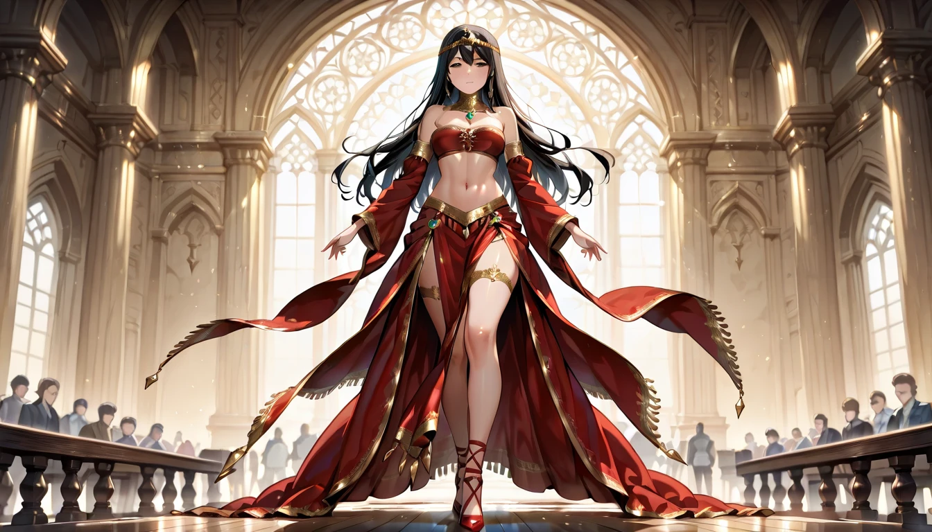 long hair, black hair, medium breast, slim legs, happy, bluish gown, cleavage, arabian belly dancer , short skirt, rin tohsaka, twin tail, navel, garden, blue eyes, tiara, standing, thigh high socks, sunlight
