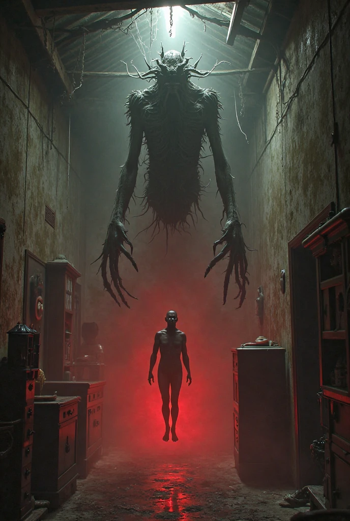 Create the image of a creature, a shapeless mass of flesh and bones, with eyes that glow with evil intelligence. Its limbs are disproportionate and its skin appears to be in a constant state of decomposition. This creature is trapped in a cage and a scientist is looking at it with a very scared expression.