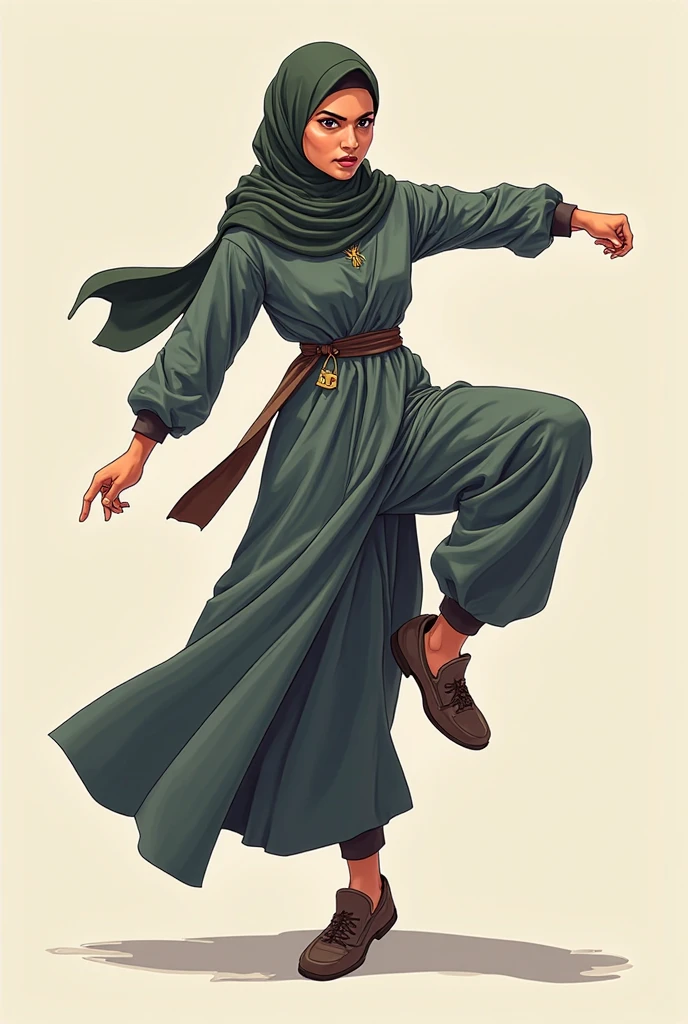 Cartoon woman wearing green hijab, green blouse and black palazzo.