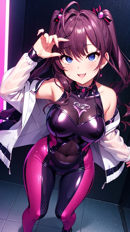 A woman wearing a pink bikini and black jacket, cyberpunk atmosphere, cyberpunk beautiful girl, smile, breasts, big breasts, sexy,