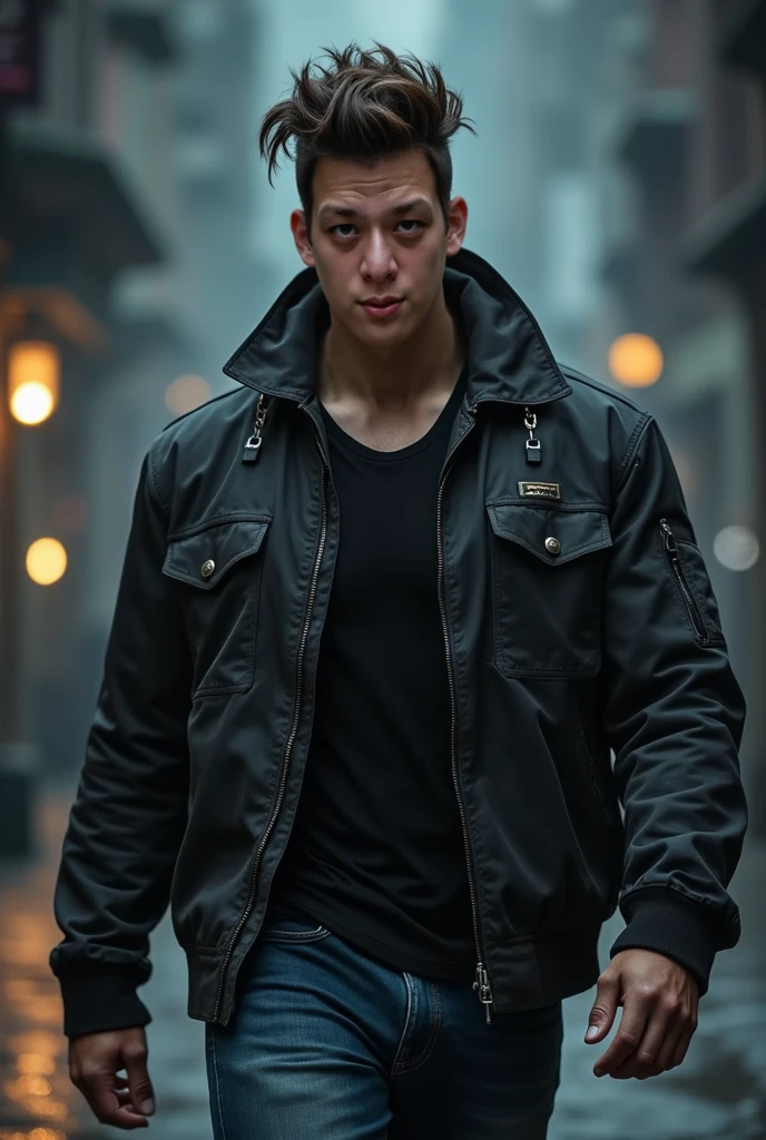 a rustic boy, 20 years old, military short hair, lightbrown eyes, male pose standing in a dark alley, mysterious lighting, Muscular Physique, looking at the camera, anger, jaket, bloodstains