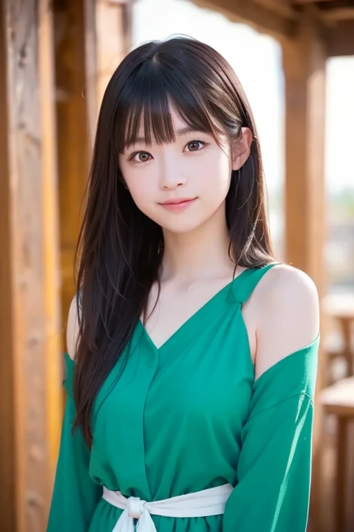 beautiful japanese girl (whole body:1.5) (shiny green hair:1.5) long straight hair asymmetrical bangs big magic eyes high resolution black eyes shiny soft skin pale pink lip happy smile White Princess Dresses Detailed and perfect clavicle high resolution soft breasts dense and beautiful legs sitting on a wooden bench blue sky sunlight young body professional lighting professional photographer