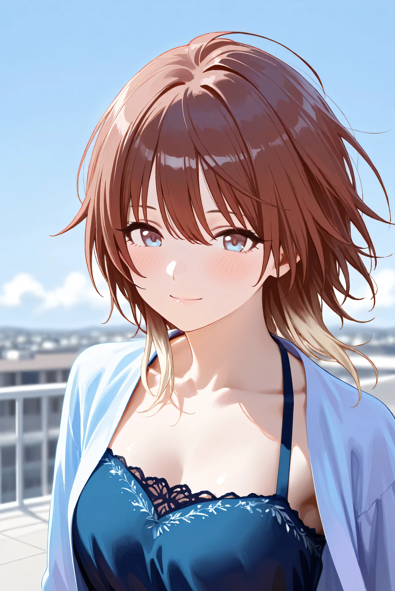 (Masterpiece), (Highest quality), (Very detailed),
(The best shape), (Best Shadow), (Absurd),
(Detailed background), (So beautiful), Shiny ,
Extraordinary, Countershading, 8k, 32K, High resolution, Beautiful eyes in every detail,
Very Detailed CG, UHD,
Score_9, Score_8_up, Score_7_up, Source_anime,
(Pastel painting:1.2), (Watercolor painting:1.2),
(Masterpiece, Detailed:1.2), (Foreshortening:1.2),
Cinematic, Dramatic, (Depth of field:1.4),
(Blurry background:1.4), (Realistic background:1.4),
(Foreshortening:1.3),Dynamic angle, 1 girl,
Outdoor, rooftop, blue sky, cloud, wind,
aketa mikoto,
The idolmaster shiny colors,
m_aketa,
brown hair, medium hair, blonde hair, multicolored hair,
brown eyes, blue eyes, multicolored eyes,
(Casual wear:1.3),
(indigo dress:1.1), casual dress, long dress,
shirt, open shirt, long sleeves shirt,
portrait, Focus on face, close up shot,
(Blush:1.3), smile,
Realistic skin, Shiny skin,