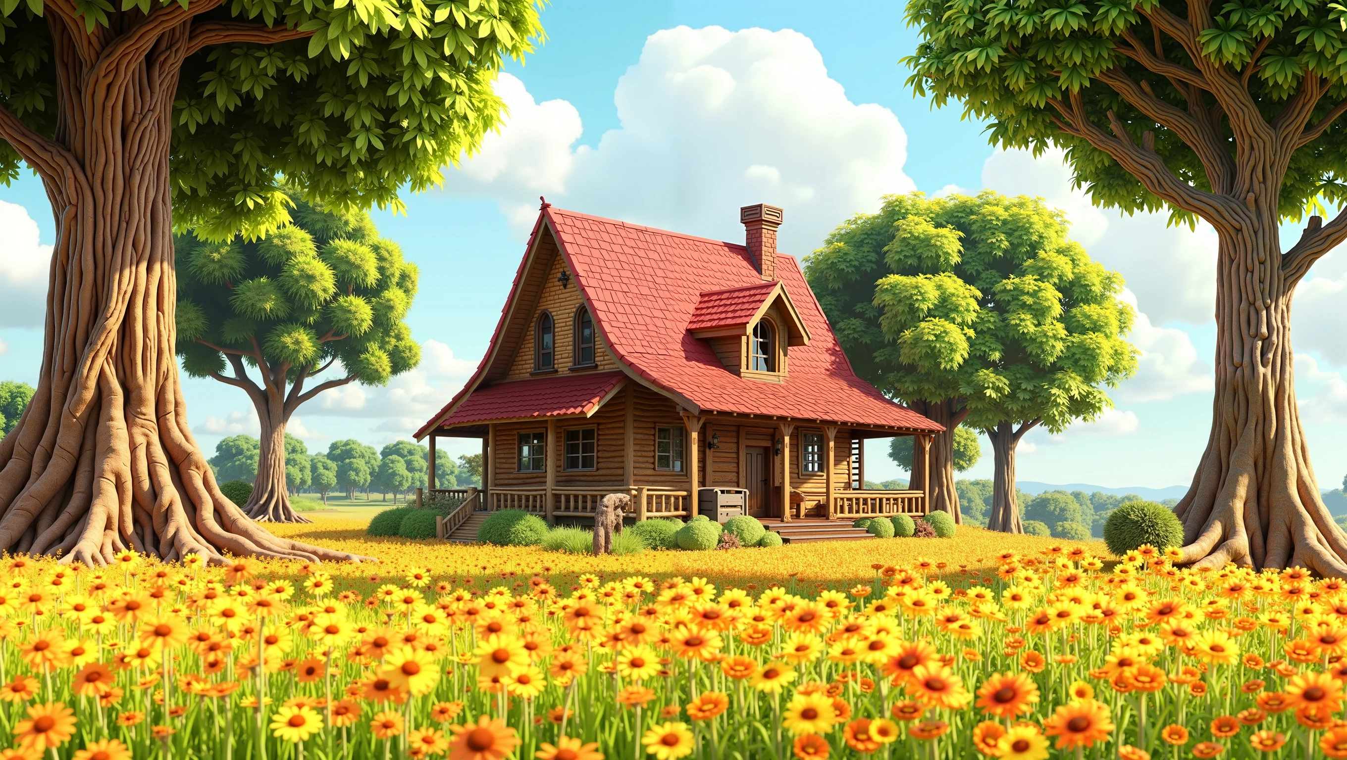 a rustic house with a red roof. surrounded by impressive trees that show the roots and that are of the type of oak, in the middle of a cultivated field and surrounded by large multicole flowers, of an extraordinary view that is Disney Pixar style in 3D.