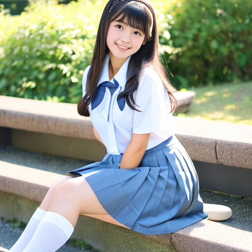 (Best-quality, Masterpiece, Ultra-High-Resolution, (Photorealistic:1.4), Raw Photo, depth of field, professional lighting, perfect anatomy, extremely details), 1girl, 15-years-old, the most famous Japanese idol, at stairs of Japanese high-school, (((from below, back view))), (((Running up stairs))), (extremely realistic and extremely cute and extremely childish face like the most popular Japanese idol, (extremely realistic and extremely cute and extremely big eyes), extremely realistic and extremely beautiful black-long-hair, (((extremely realistic and extremely beautiful skins))), extremely realistic and extremely cute long-eyelashes, extremely realistic and extremely cute lips), ((innocent smile, wearing summer-high-school-uniform))