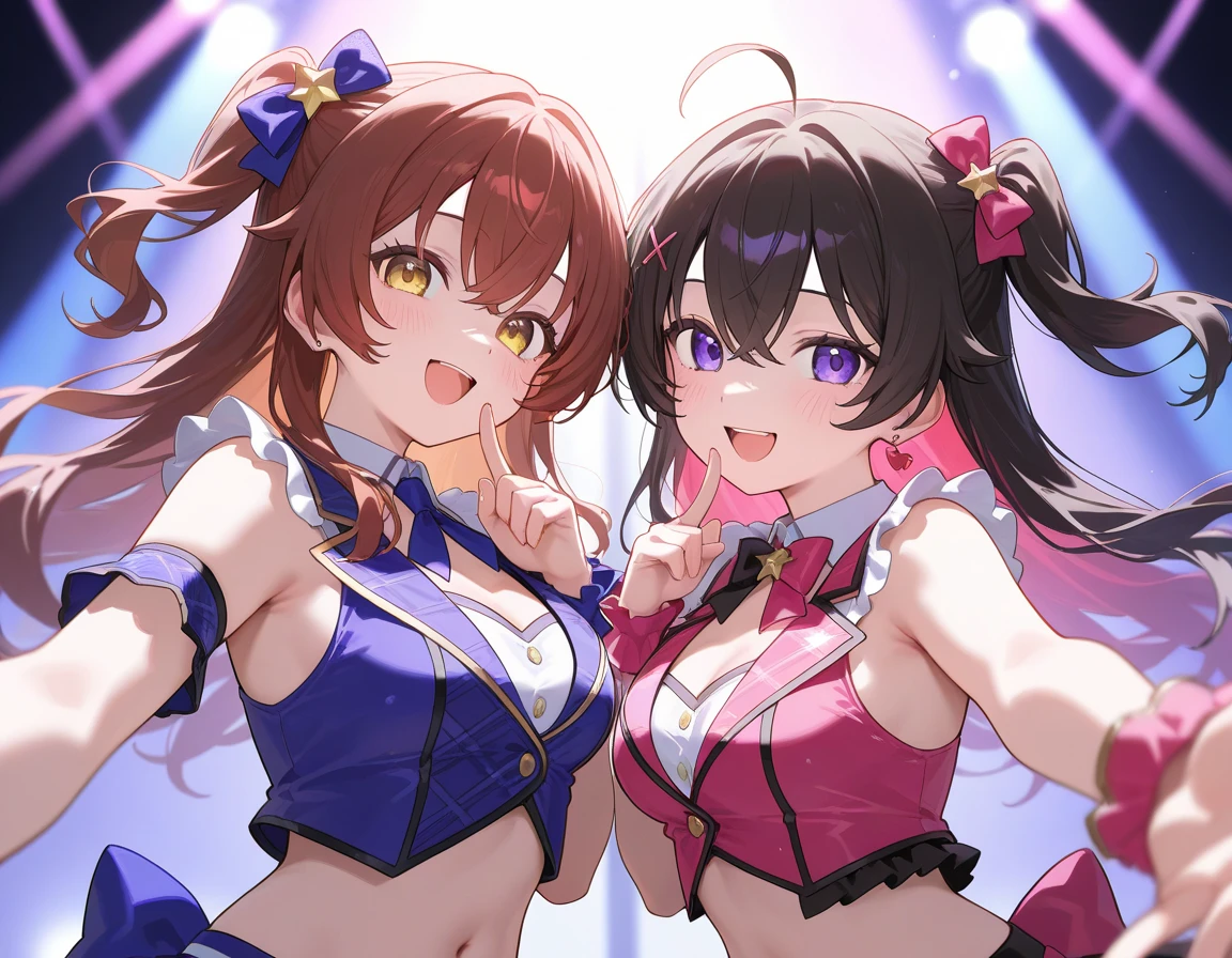 Masterpiece, ultra high quality anime style illustration, 8K, 2023, outdoor event, ((dance event)), ((dance stage)) Very beautiful 20-year-old ((two dancers)), ((two beautiful girls)) ((dancing with smiles)), flashy colorful costumes, dancer costumes, big breasts, cleavage, attractive hips, cute buttocks, voluptuous thighs, beautiful legs.