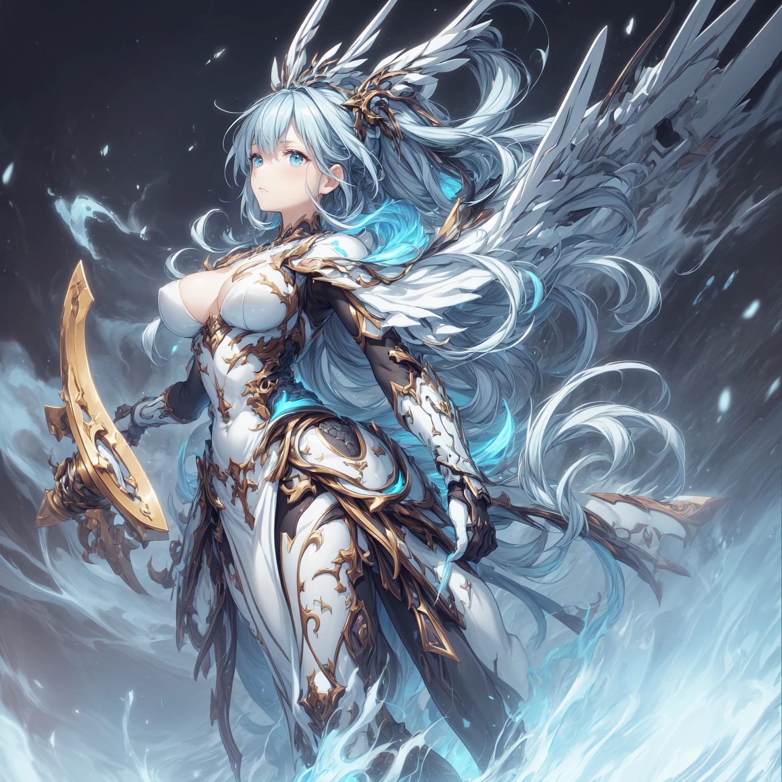 The most beautiful and sexy storm god, Long and beautiful white hair, Glowing neon blue eyes, Wearing detailed white armor, Extensive tattoos and piercings, Create the most powerful、Most destructive thunderstorms, Very detailed background, Perfect masterpiece, high quality, high resolution