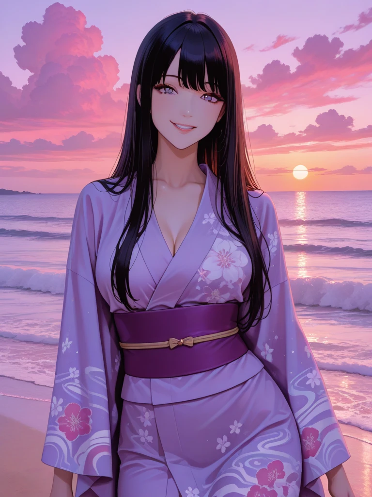 UHD, masterpiece, textured skin, super detail, high details, high quality, award winning, (equal perfect eyes), best quality, HD, upper body shot, perfect eyes, (1Gir, Beautiful, long purple hair, purple eyes, wearing one yukata, (looking at POV)), (In a beach at sunset)