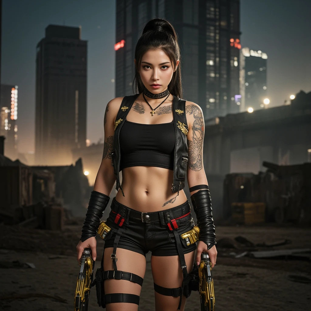 (1girl:1.3), solo, __body-parts__, doomsday wasteland style, sexy, shorts, dusty, stormy, dirty, gray tones, 8k resolution image, intricate symmetrical details. The whole picture is invincible and heroic, mainly a complete picture of a woman standing all over her body, with smooth movements and a confident expression.