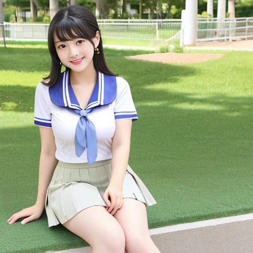 8K,masterpiece,Japanese,11-year-old girl,from the front,smile,cute,Innocent face,Innocent,Kind eyes,Childish,(Plain T-shirt,Short sleeve,Blue checked short skirt),semi-long,Hair blowing in the wind,Black Hair,Somewhat strong wind,noon,bright,Sitting、M-shaped feet, (Large Breasts:1.2),(Emphasize the chest:1.2)