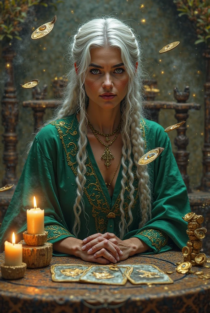 beautiful woman with long blonde hair as a mystic,sitting at her velvet table holding tarot cards,beautiful illuminated cards,mystical,beautiful,mysterious