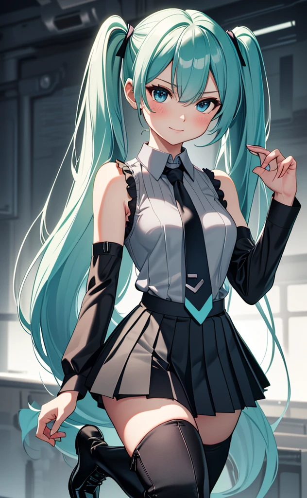 (1 girl),(high quality), (High resolution), (extremely detailed), (8K),(focus on lower body),(CG),(Hatsune Miku)、Gravure idol、Magic Knight、transparent costume、Magic Mentor、school uniform、sexy panties、(black knee high stockings:1.2)、(nipple shape)、No shoes、(neutral white lighting),sexy pose、showing panties