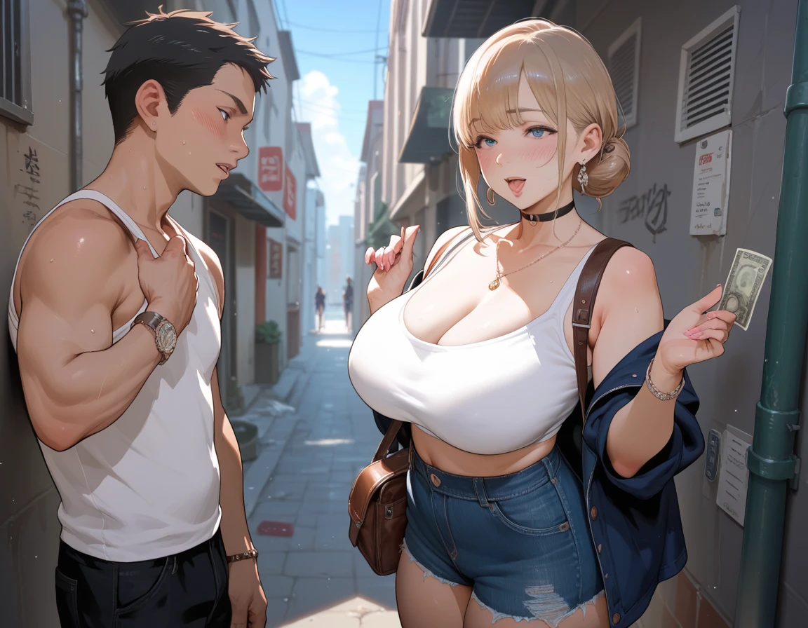 (8K、best image quality、highest quality、masterpiece)、detailed face、1 girl、blonde、((brown skin:1.2))、short hair girl、gray eyes、earrings、evil smile、((grin))、big breasts、((sleeveless turtleneck cleavage))、((denim pencil skirt))、((miniskirt))、((1boy:1.2))、(muscular man standing next to a girl))、((two people arm in arm))cowboy shot、night downtown background
