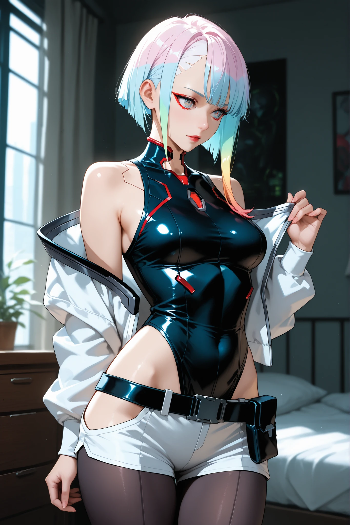 score_9, score_8_up, score_7_up, score_6_up, score_5_up, score_4_up, source_anime, aalucy, cyborg, short hair, multicolored hair, makeup, multicolored eyes, medium breasts, black leotard, off shoulder, white jacket, long sleeves, black belt, white shorts, hip vent, pantyhose, <lora:lucy_(cyberpunk)_ponyxl_v1:0.9>, park, grass, sitting, on floor, boots, black footwear,