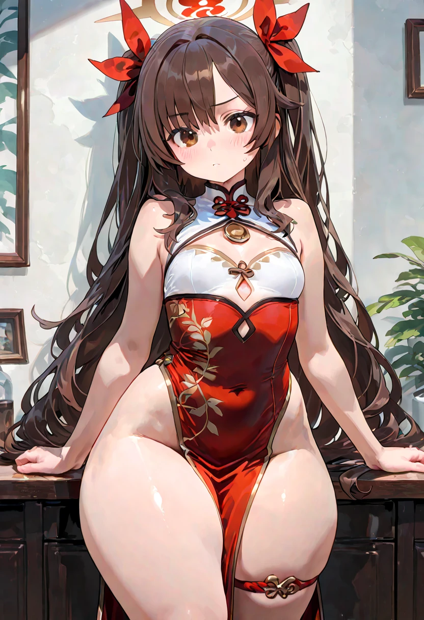 (tmasterpiece, Best quality at best, extremely detremely detailed CG, 美丽细致的眼睛, ultra - detailed, Complicated details:1.2), 8k wallpaper, elaborate features,
(1 girl, Alone:1.4),
(textures true to reality:0.8), A high resolution, cute big breasts, (vivd colour, 动态照明:1.0), (hight contrast:0.8),
(shoot hair, Light brown hair:1.3), (middlebreast:1.4), (hand on breast:1.0), (close up:1.2),
,, red kimono, ripped apart,
bound legs, lace-trimmed bra, ripped apart dress,
(grinning smile:1.0),
(,:0.5),
(Open jacket:0.5),
standing on one leg, Striped background, (tree house:1.6), smug, Underarm focusless pants:1.4), (not fastened:1.1),
(prostitution, Ahegao:0.9), Grab your ass,
(,:1.4), (NSFW:1.15),
A confident expression, (full bodyesbian:1.1),