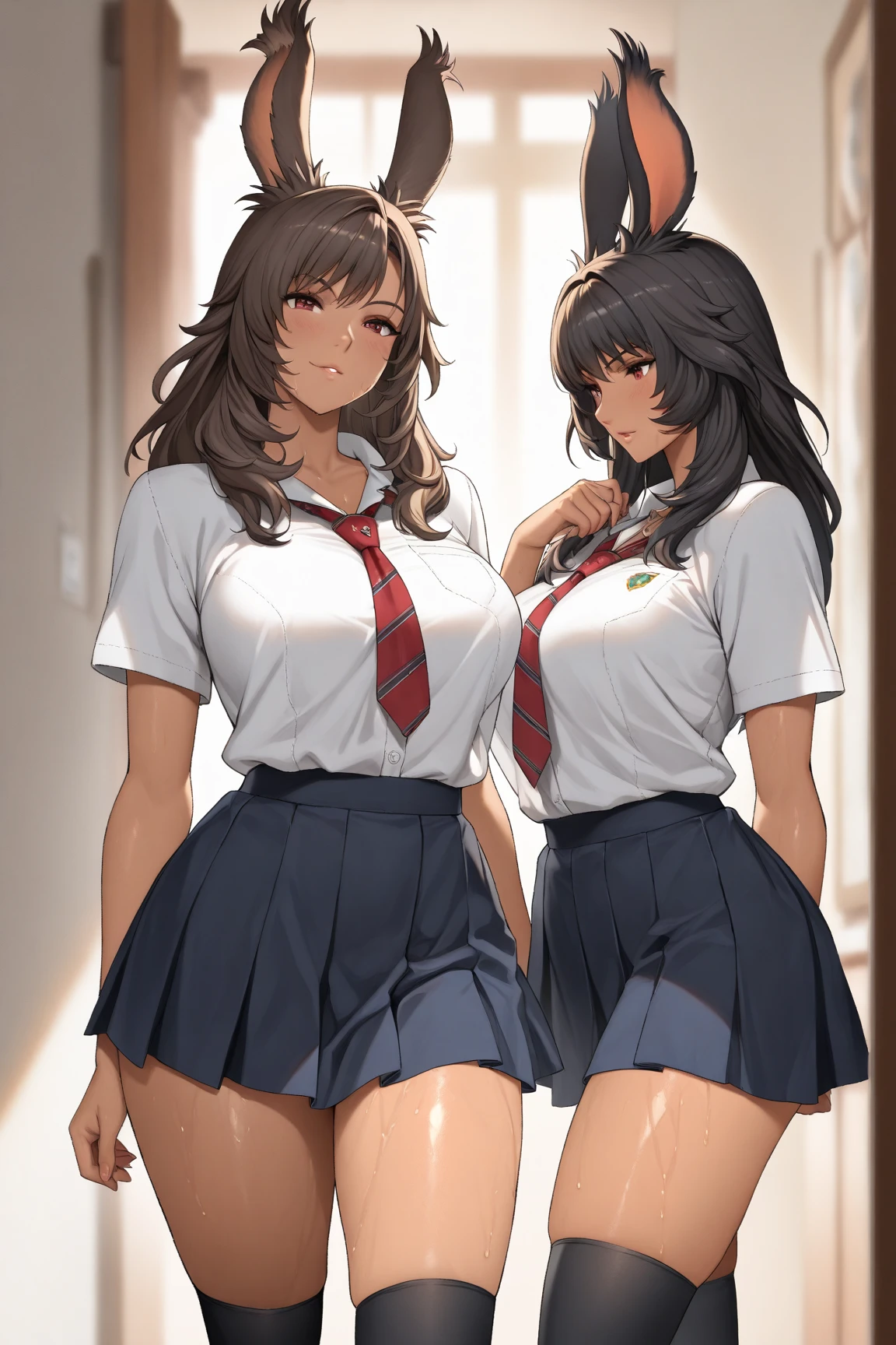 Anime Style,Two girls wearing the same uniform stand side by side,A tall girl with chestnut hair in a bob cut, large breasts, and kind, droopy eyes, and a short girl with long black hair in a ponytail, slim with small breasts and slanted eyes.,Navy blue blazer,White blouse,Orange bow ribbon,Grey flared skirt,Navy blue knee socks,Dark brown loafers,looks fun,Anatomically correct, High resolution, High detail, High-resolution model, Retina, Very detailed, Textured skin, There are two pairs of hands and feet, with five fingers on each side.