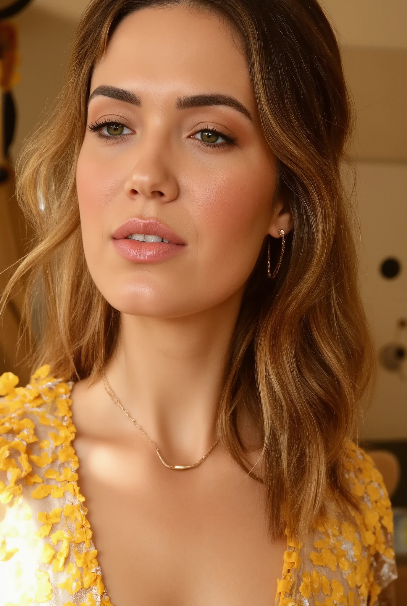 Realistic photo of a beautiful h1l4ryd woman, 1girl, solo, long hair, brown hair, brown eyes, jewelry, earrings, nail polish, lips, plant, watch, realistic, wristwatch, holding own arm, soft lighting, professional Photography, Photorealistic, detailed, RAW, analog, sharp focus, 8k, HD, high quality, masterpiece<lora:h1l4ryd:1.0>