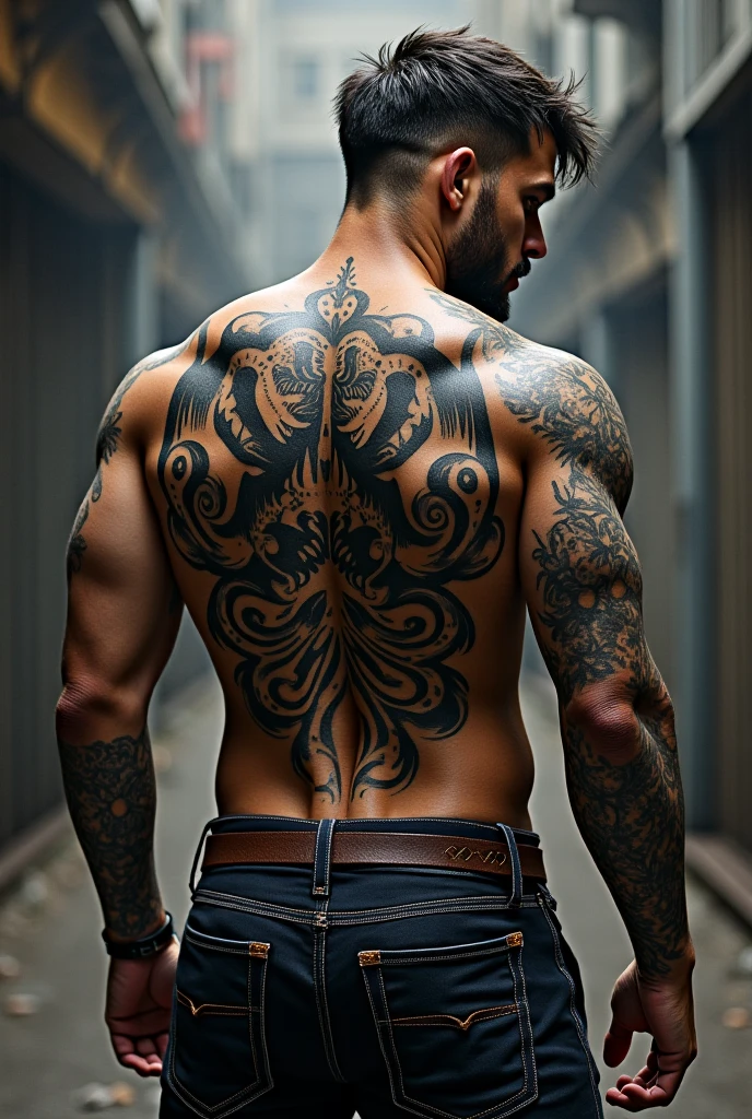 Back Tattoo, male, shorts, by Chris Cold, best quality, masterpiece, very aesthetic, perfect composition, intricate details, ultra-detailed