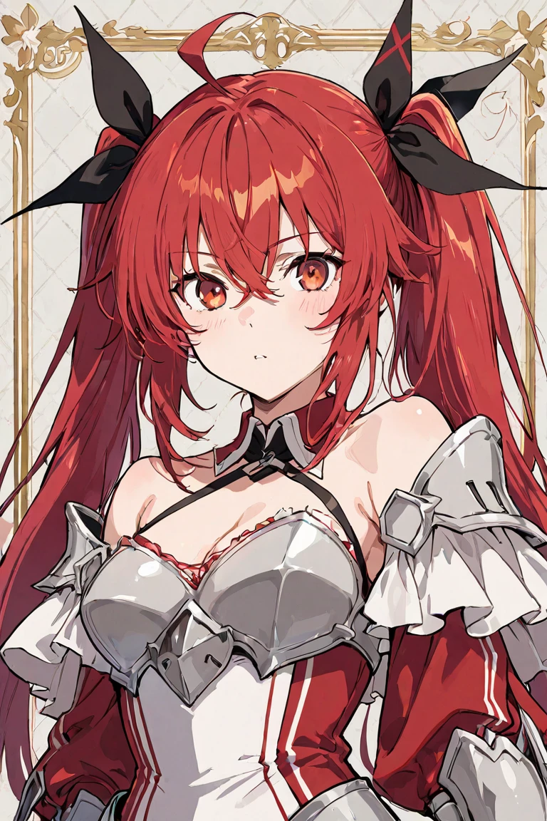 masterpiece, Best quality�����������mmd, 1 girl, breast, alone, long hair, split, Hair fiery red, red eyes, Shut up, earrings, Bangs, jewelry, skirt, bare shoulders, sleeveless, hair between eyes, 单pauldron, looking at the audience, large breast, armor, shoulder armor, sleeveless skirt, Upper body, single sleeve, white skirt, pauldron, Poker face
