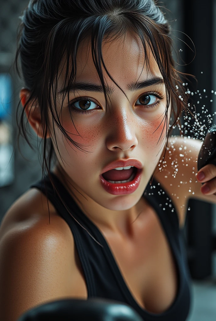 a beautifull Japanese female kick boxer vomiting in the ring with visible vomit and saliva, athletic body, very sweaty