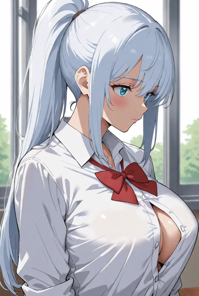 1girl, ebenya, looking at viewer really angry while sitting on the desk, white hair, white shirt, open clothes, classroom, ba-shiroko, closeup up view of face, half body, angry face, white messy long hair