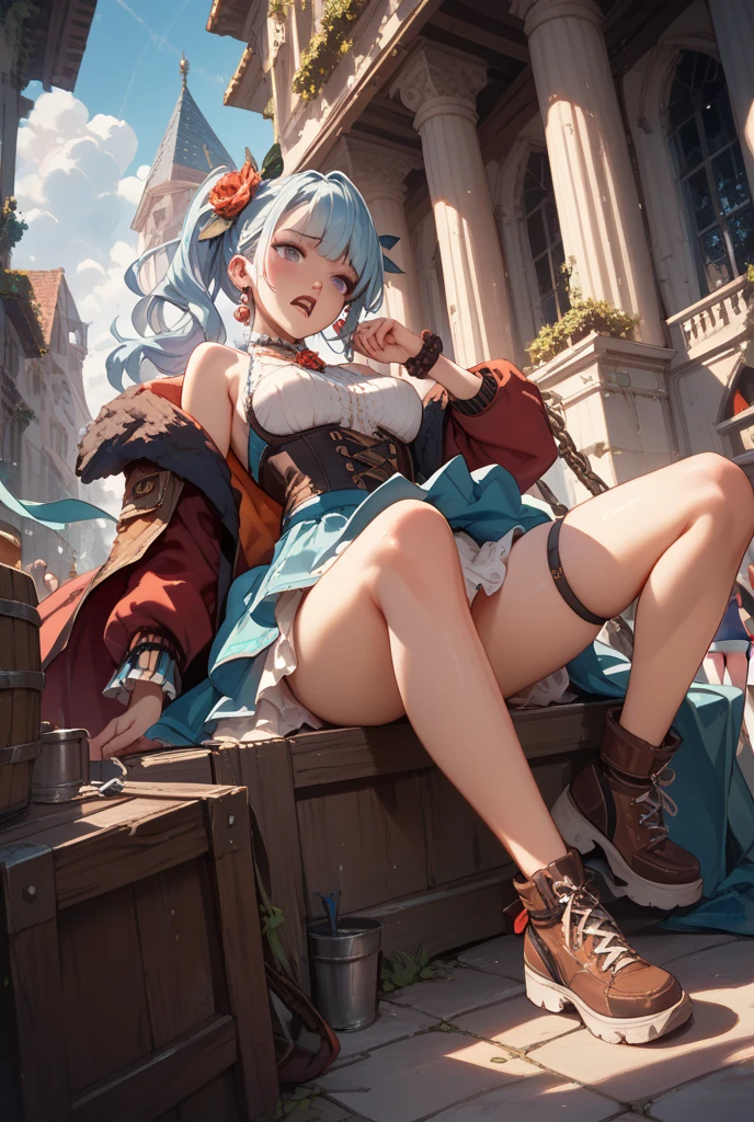Top quality. Painting by Akihiko Yoshida. Illustration. Character design. Woman. A world of swords and sorcery. Winter. Miniskirt. Sitting and opening the crotch --auto --s2