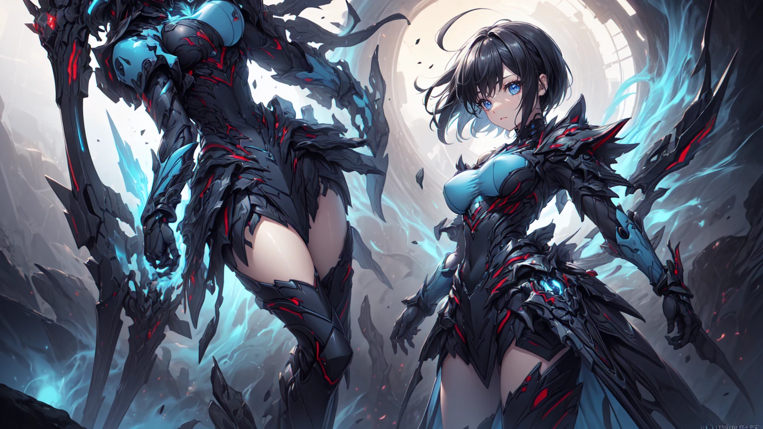 A girl with Sanpaku eyes. She is the element of a mechanical monster. she bites. Puzzle saw. Active illustration. SCIENCE FICTION. full body image.