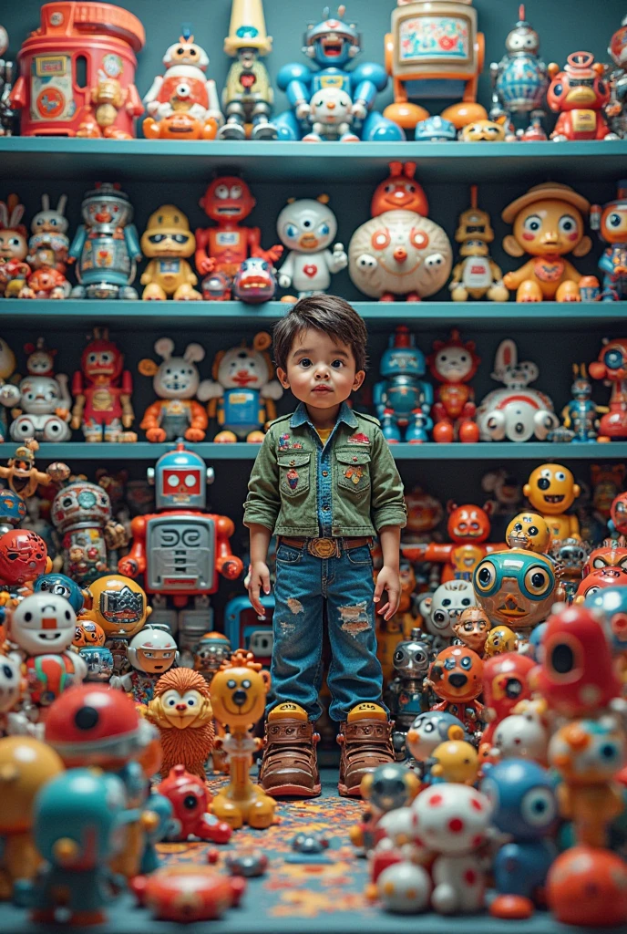 little boy standing on the street，little boy standing on the roadside，Little boy standing next to toy store window looking at toy store window，Crystal machine toys on display shelf in toy store,(Machine toys in the window:1.3)