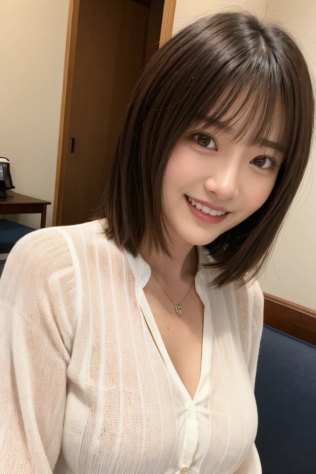 ((masterpiece)), ((Highest quality)), ((Complex)), ((Surreal)), (Realistic), (Mature Woman), ((There are no classes)), Very detailed, (1 female), Beautiful and exquisite, (Beautiful Teeth), Grin, Brunette Bob Hair, Brown eyes, ((blouse)), (Upper Body), (background:none), Perfect Eyes, Captivating eyes, Looking at the audience