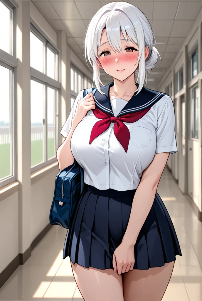 School background, short white hair, student, dark blue sailor uniform, big breasts, disheveled blouse, cleavage, blushing furiously, extremely embarrassed, holding mop, caught in the act