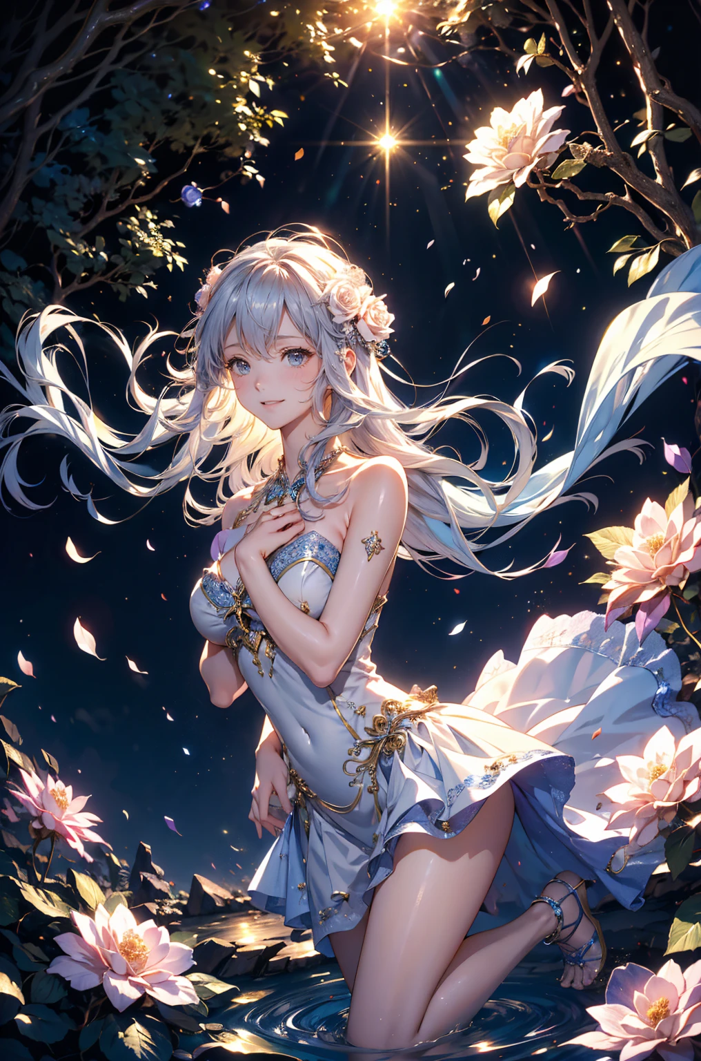 A masterpiece, (best quality:1.2), (ultra-detailed:1.2), illustration, (exquisitely beautiful:1.2), low angle, floating, (beautiful detailed eyes:1.1), (detailed lighting:1.1), cinematic lighting, intricate sky, woman, white hair, blue eyes, (high ponytail:1.1), cloak, glowing eyes, (moon:1.2), (moonlight:1.1), starry night, (light particles:1.1), misty path, snowy landscape, sketch, blooming