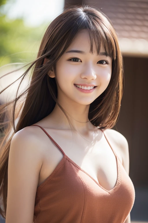 (short sleeves、pretty pajamas), , small breasts, , ,medium brown_hair, ,,, naughty smile , 1girl, cute, 18 years old, , look at viewer, , photo, realistic, best quality, hires, detailed face, (summer beach), detailed background, diffused lighting, depth of field, bokeh, , portrait, , ( masterpiece), accurate, anatomically correct, f/1.8, 90mm, Fujifilm GFX 50R, raw photo, regina display, super detail, high details, high quality, best quality, highres, UHD, 1080p HD, 4K, 8K, beauty, Slender , standing,cute, no_nsfw, anatomically accurate body、no nude,