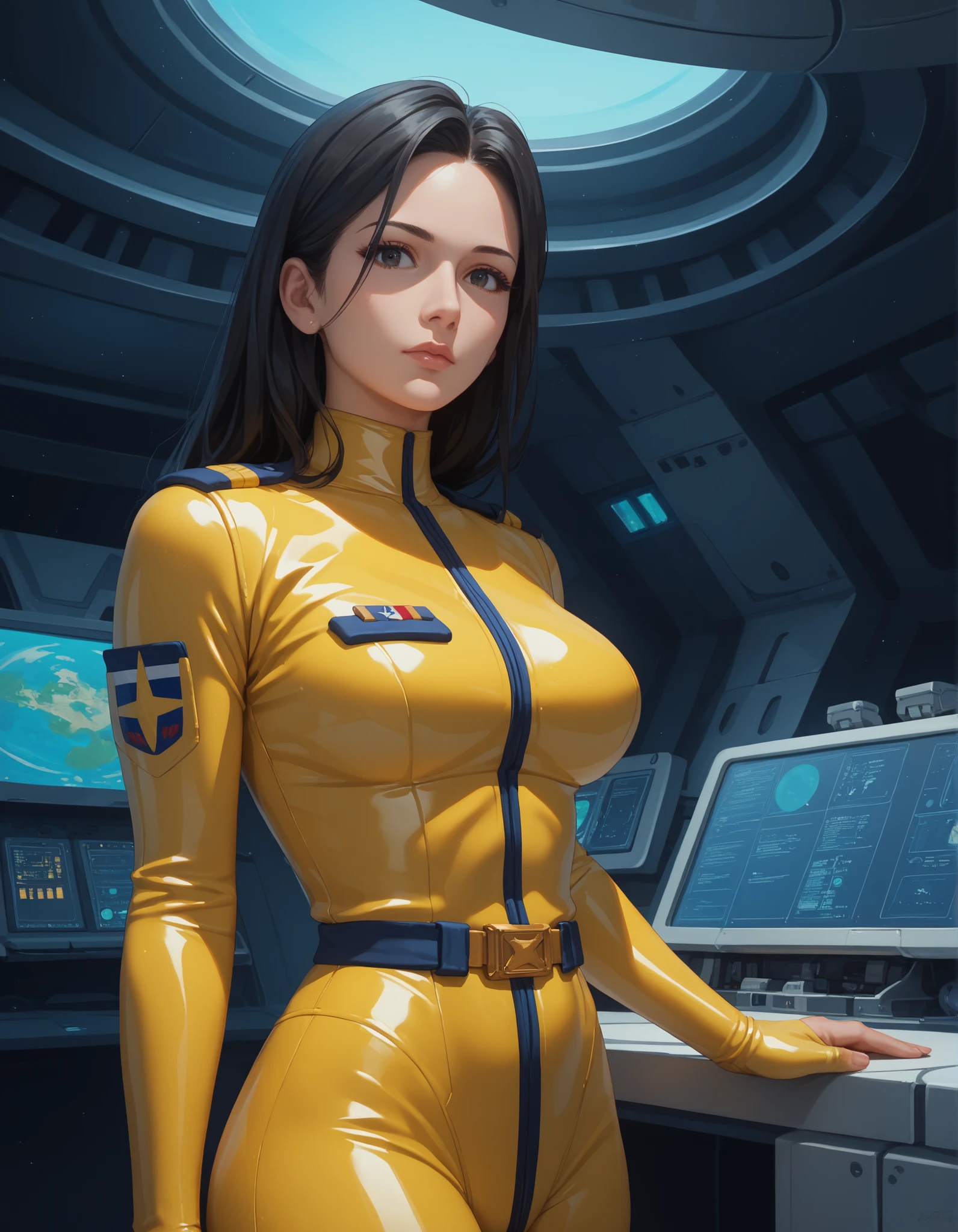 (masterpiece, best quality:1.2), 1 Mature, Yuki Mori, 60 years old, long dark hair, Also々funny face、Spaceship bridge, staring at the viewer, yellow rubber、thin, snug combat uniform, cowboy shot