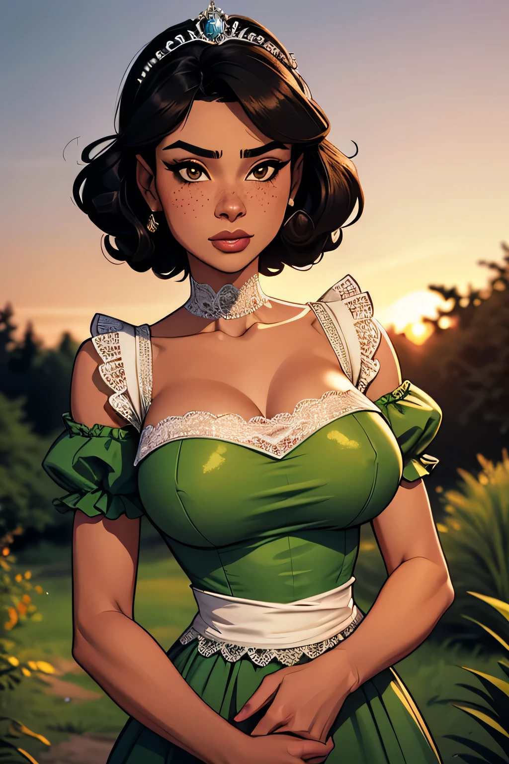 ( Absurdo, hd , Ultra detailed, be careful with your hand ) Close-up view of a thin and athletic woman, 25 anos, 8k (( high definition )), looking serious, look seductive, brown eyes, wearing a high-waisted forest green long dress (( with lace V-neck , tiara, puffy short sleeves )), thin waist, arms at the sides of the body, ebony skin , black hair (( short and curly )), she is hiking through the forest (( upper body )), with freckles on the neck and breasts , (( large, round breasts, suaves )), (( Well defined collarbone)). Marvel style (( hq )), dense forest and sunset in the background.
