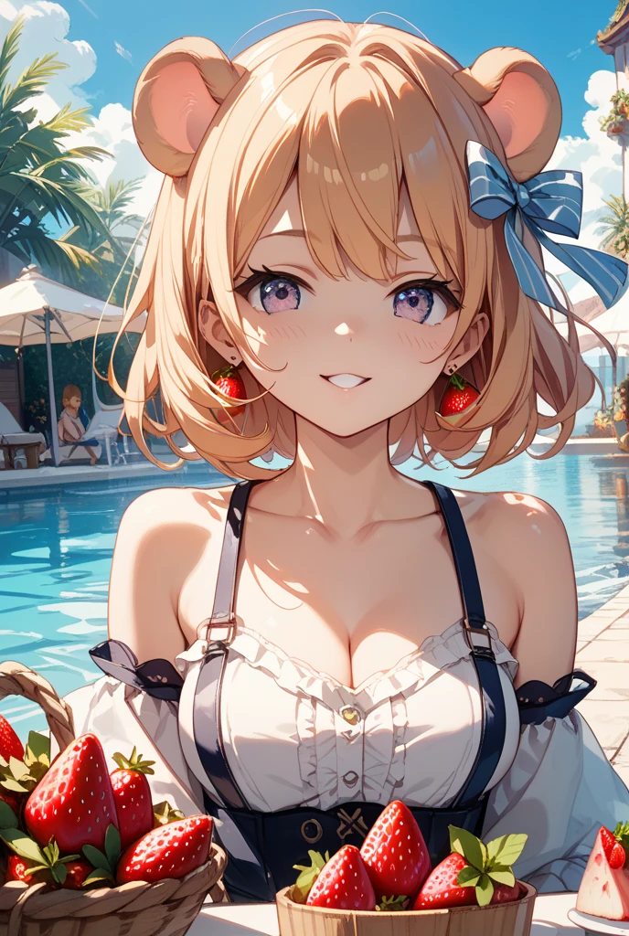 A 26-year-old cute girl，Blonde double ponytail hair，Bust 36D，Waist 72，Wearing a red bikini，Lying on white bed，Licking ice cream，Japanese anime style，Ultra high quality