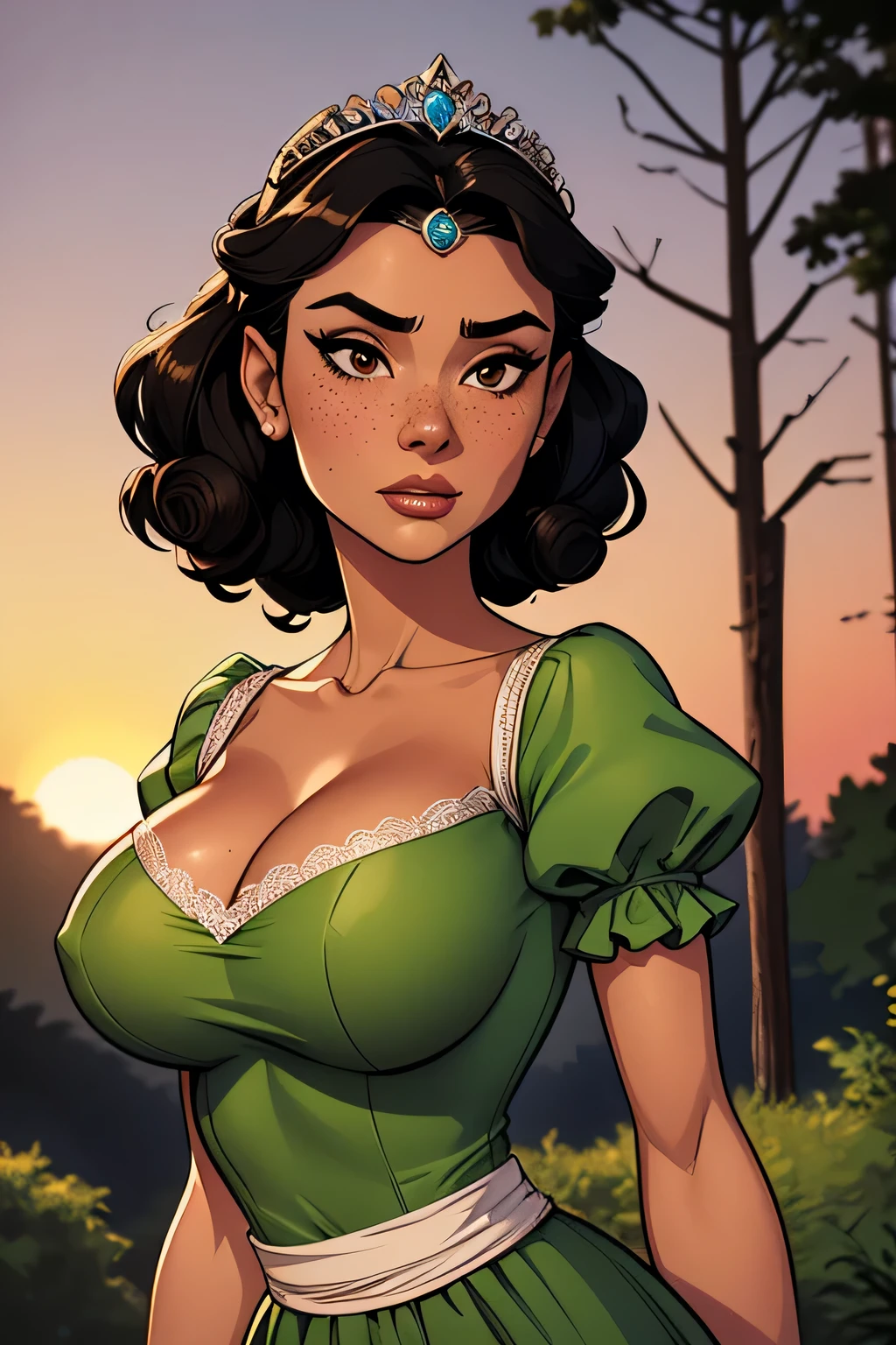 ( Absurdo, hd , Ultra detailed, be careful with your hand ) Close-up view of a thin and athletic woman, 25 anos, 8k (( high definition )), looking serious, look seductive, brown eyes, wearing a high-waisted forest green long dress (( with lace V-neck , tiara, puffy short sleeves )), thin waist, arms at the sides of the body, ebony skin , black hair (( short and curly )), she is hiking through the forest (( upper body )), with freckles on the neck and breasts , (( large, round breasts, suaves )), (( Well defined collarbone)). Marvel style (( hq )), dense forest and sunset in the background.